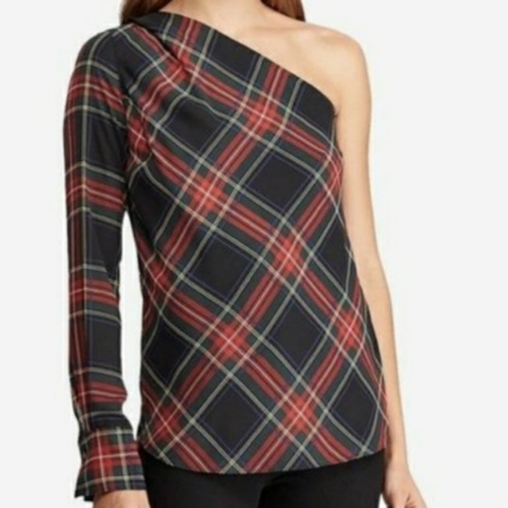 Ralph Lauren Black Red Plaid One-Shoulder Blouse
